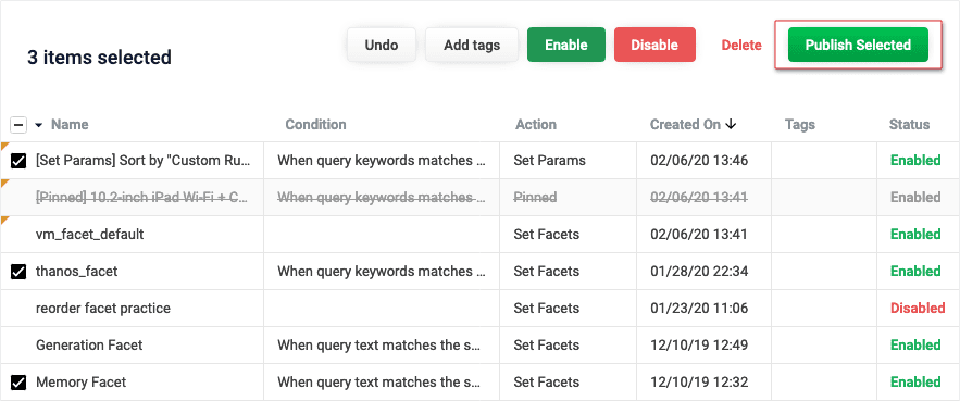 Individually publish rules in the Fusion UI.