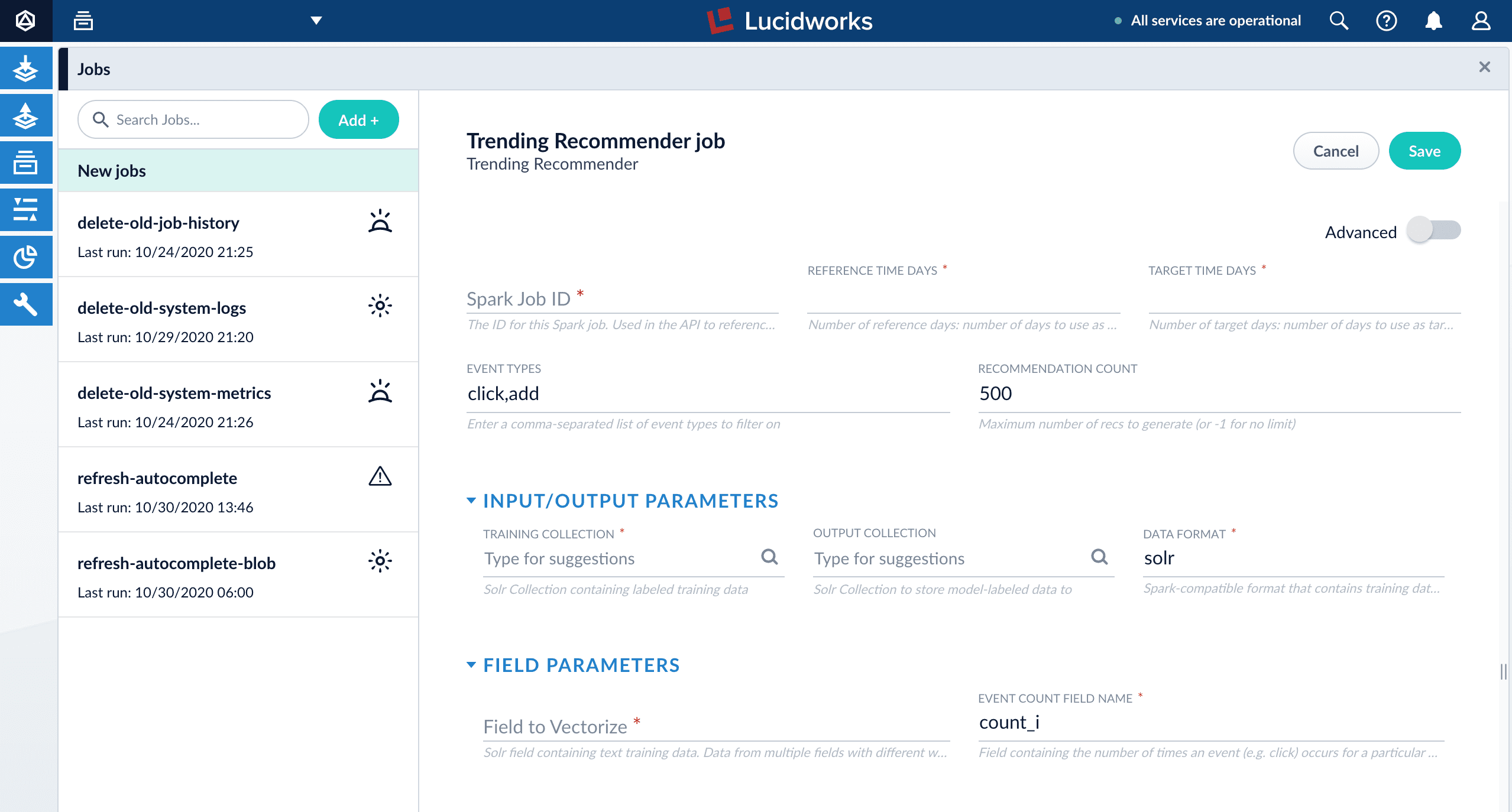 Trending Recommender job configuration panel