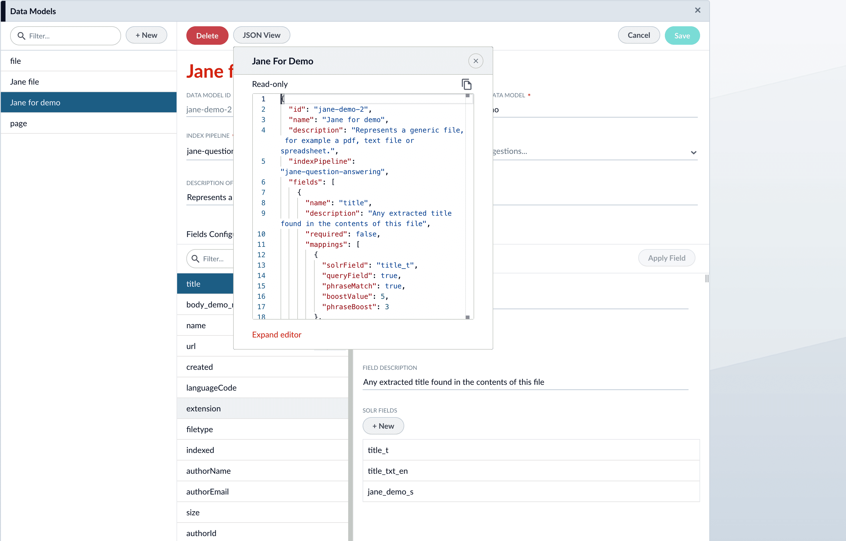 Data Models JSON Editor