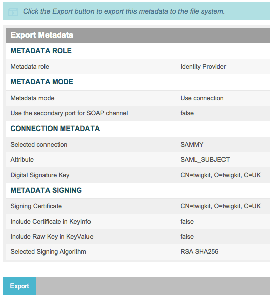 Click export to download the metadata file